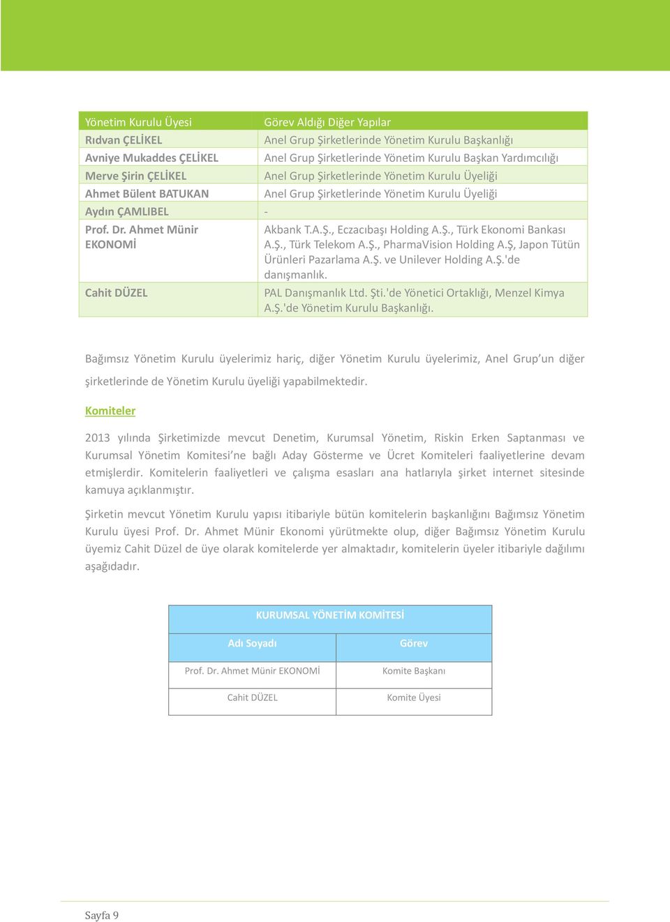 Kurulu Üyeliği Anel Grup Şirketlerinde Yönetim Kurulu Üyeliği Akbank T.A.Ş., Eczacıbaşı Holding A.Ş., Türk Ekonomi Bankası A.Ş., Türk Telekom A.Ş., PharmaVision Holding A.