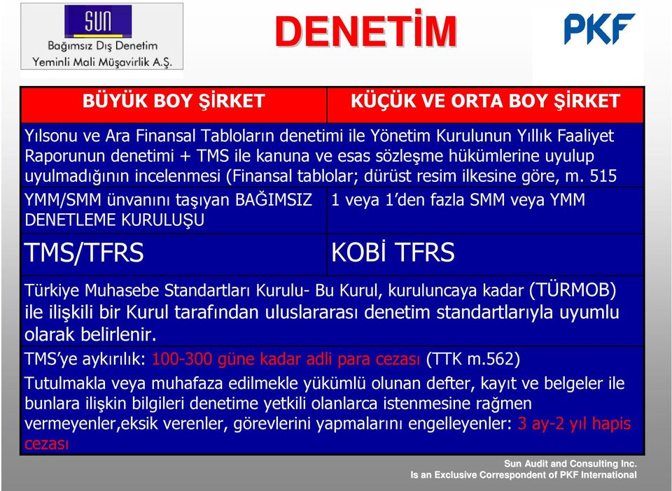 515 YMM/SMM ünvanını taşıyan BAĞIMSIZ 1 veya 1 den fazla SMM veya YMM DENETLEME KURULUŞU TMS/TFRS KOBĐ TFRS Türkiye Muhasebe Standartları Kurulu- Bu Kurul, kuruluncaya kadar (TÜRMOB) ile ilişkili bir