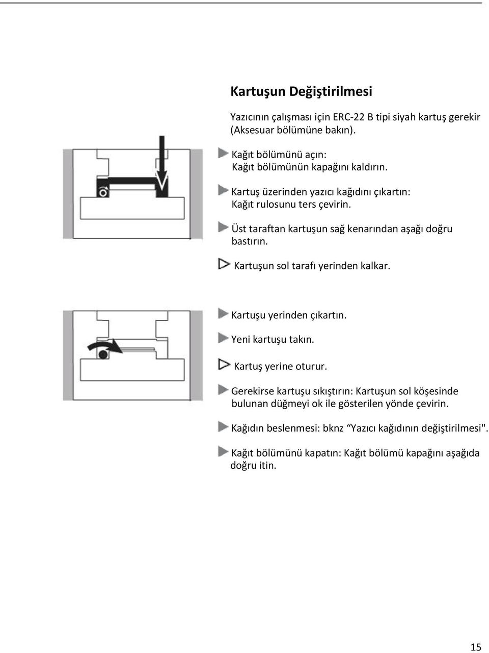 Üst taraftan kartuşun sağ kenarından aşağı doğru bastırın. Kartuşun sol tarafı yerinden kalkar. Kartuşu yerinden çıkartın. Yeni kartuşu takın.