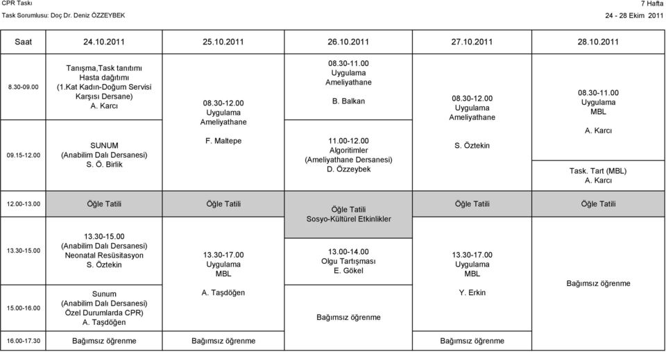 Özzeybek 08.30-12.00 Ameliyathane S. Öztekin 08.30-11.00 MBL A. Karcı Task. Tart (MBL) A. Karcı 12.00-13.00 Öğle Tatili Öğle Tatili Öğle Tatili Öğle Tatili Öğle Tatili Sosyo-Kültürel Etkinlikler 15.