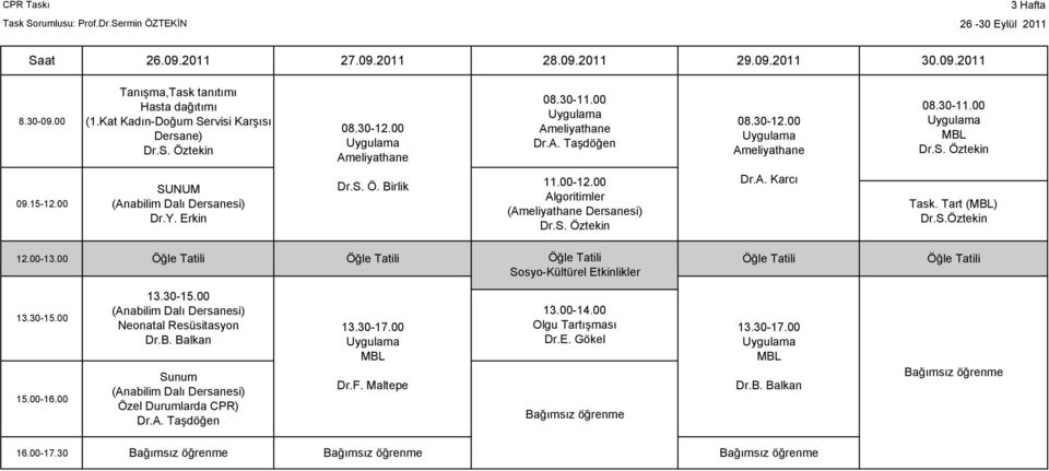 00 (Anabilim Dalı Dersanesi) Dr.Y. Erkin Dr.S. Ö. Birlik Algoritimler (Ameliyathane Dersanesi) Dr.S. Öztekin Dr.A. Karcı Task. Tart (MBL) Dr.S.Öztekin 12.00-13.