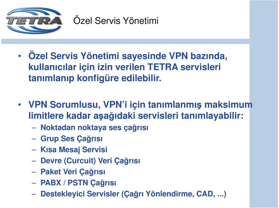 VPN Sorumlusu, VPN i için tanımlanmış maksimum limitlere kadar aşağıdaki servisleri tanımlayabilir: