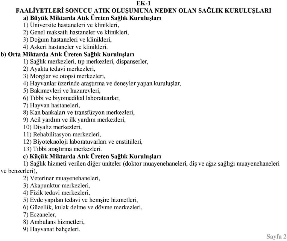 b) Orta Miktarda Atık Üreten Sağlık KuruluĢları 1) Sağlık merkezleri, tıp merkezleri, dispanserler, 2) Ayakta tedavi merkezleri, 3) Morglar ve otopsi merkezleri, 4) Hayvanlar üzerinde araģtırma ve