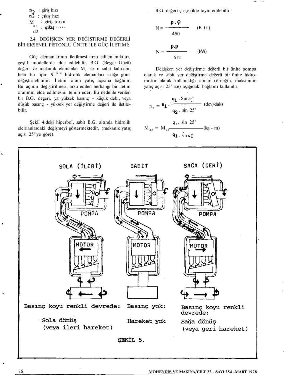 Ç İLETİMİ: Güç elemanlarının iletilmesi arzu edilen miktarı, çeşitli modellerde elde edilebilir. B.G. (Beygir Gücü) değeri ve mekanik elemanlar M d ile n sabit kalırken, heer bir tipin 9 ve p hidrolik elemanları isteğe göre değiştirilebilinir.
