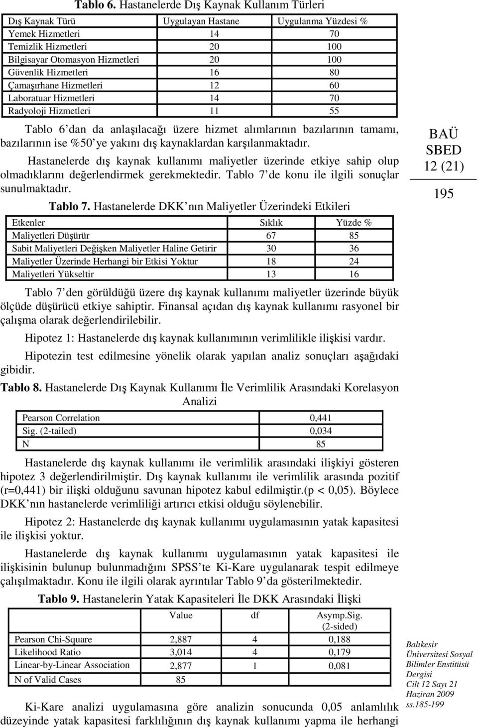 Hizmetleri 16 80 Çamaşırhane Hizmetleri 12 60 Laboratuar Hizmetleri 14 70 Radyoloji Hizmetleri 11 55 Tablo 6 dan da anlaşılacağı üzere hizmet alımlarının bazılarının tamamı, bazılarının ise %50 ye