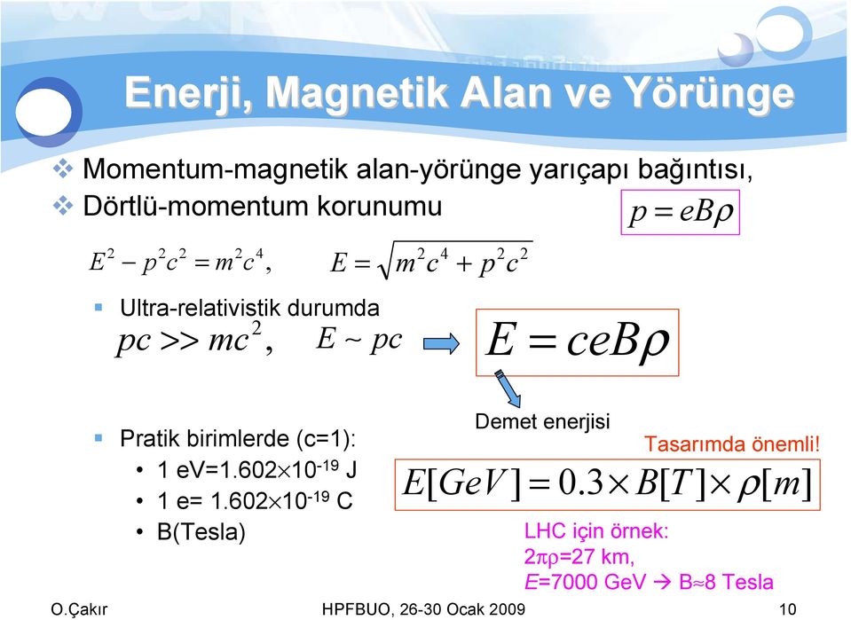 Pratik birimlerde (c=1): 1 ev=1.60 10-19 J 1 e= 1.60 10-19 C B(Tesla) Demet enerjisi Tasarımda önemli!