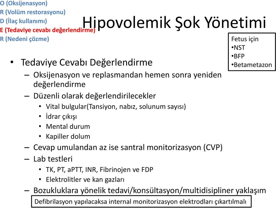 İdrar çıkışı Mental durum Kapiller dolum Cevap umulandan az ise santral monitorizasyon (CVP) Lab testleri TK, PT, aptt, INR, Fibrinojen ve FDP Elektrolitler ve kan