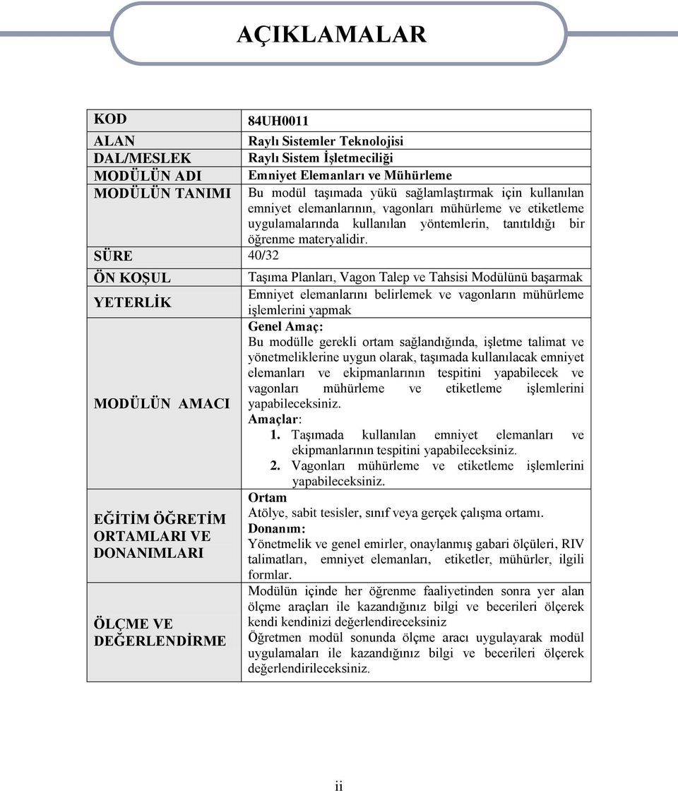 SÜRE 40/32 ÖN KOġUL YETERLĠK MODÜLÜN AMACI EĞĠTĠM ÖĞRETĠM ORTAMLARI VE DONANIMLARI ÖLÇME VE DEĞERLENDĠRME AÇIKLAMALAR TaĢıma Planları, Vagon Talep ve Tahsisi Modülünü baģarmak Emniyet elemanlarını