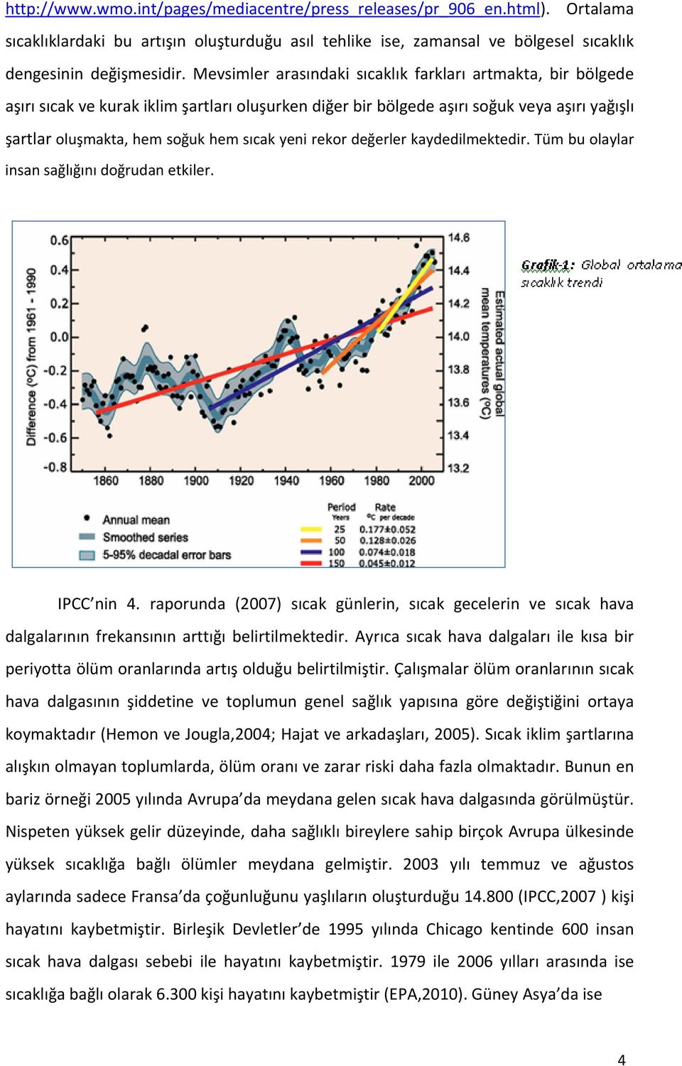 rekor değerler kaydedilmektedir. Tüm bu olaylar insan sağlığını doğrudan etkiler. IPCC nin 4.