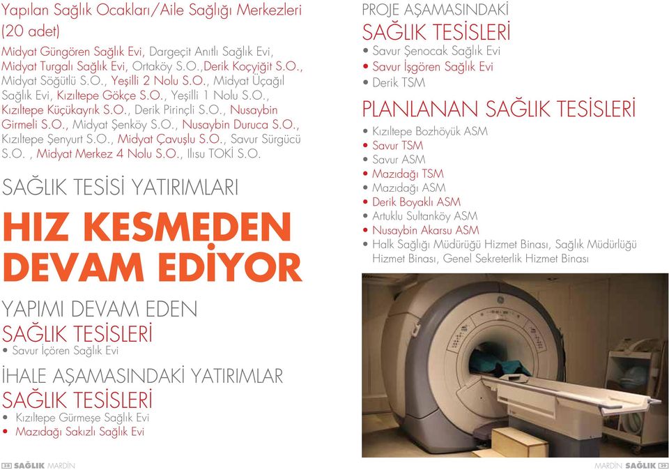 O., Midyat Çavuşlu S.O., Savur Sürgücü S.O., Midyat Merkez 4 Nolu S.O., Ilısu TOKİ S.O. SAĞLIK TESİSİ YATIRIMLARI HIZ KESMEDEN DEVAM EDİYOR PROJE AŞAMASINDAKİ SAĞLIK TESİSLERİ Savur Şenocak Sağlık