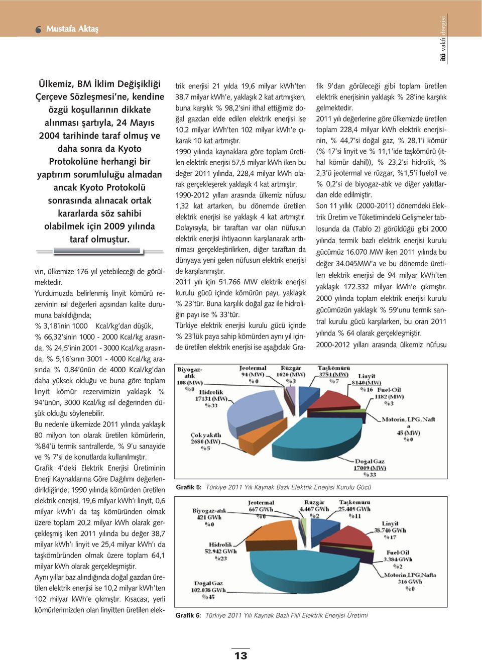 Grafik 5: Türkiye 2011 Y l Kaynak Bazl Elektrik Enerjisi Kurulu Gücü Grafik 6: Türkiye 2011 Y l Kaynak Bazl Fiili Elektrik Enerjisi Üretimi vin, ülkemize 176 y l yetebilece i de görülmektedir.