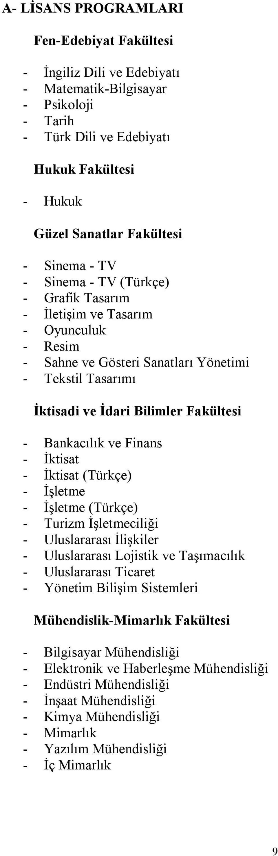 Finans - İktisat - İktisat (Türkçe) - İşletme - İşletme (Türkçe) - Turizm İşletmeciliği - Uluslararası İlişkiler - Uluslararası Lojistik ve Taşımacılık - Uluslararası Ticaret - Yönetim Bilişim