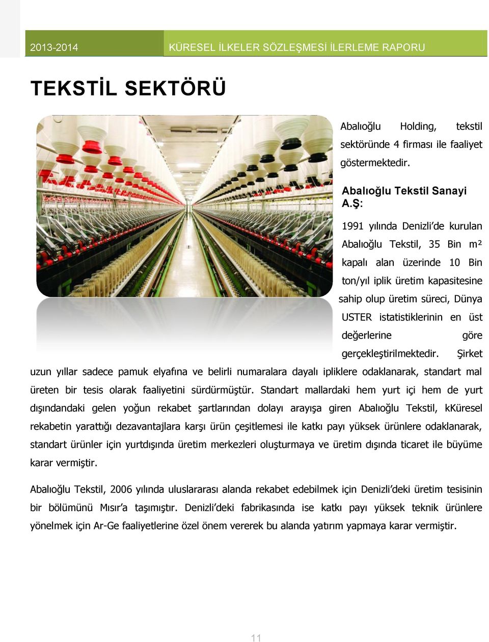 değerlerine gerçekleştirilmektedir. göre Şirket uzun yıllar sadece pamuk elyafına ve belirli numaralara dayalı ipliklere odaklanarak, standart mal üreten bir tesis olarak faaliyetini sürdürmüştür.