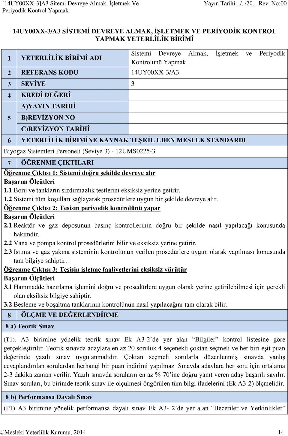 TEŞKİL EDEN MESLEK STANDARDI Biyogaz Sistemleri Personeli (Seviye 3) - 12UMS0225-3 7 ÖĞRENME ÇIKTILARI Öğrenme Çıktısı 1: Sistemi doğru şekilde devreye alır Başarım Ölçütleri 1.