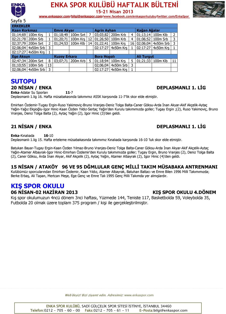 4x50m Krş 1 02:17:27 4x50m Krş 1 Ege Aksun Kuzey Erkara Bora Hopalı Ali Turgut 02;47;34 200m Sırt 8 03;07;71 200m Krb 5 01;18;94 100m Krş 5 01;21;33 100m Klb 11 01;10;55 100m Srb 13 02;06;04 4x50m