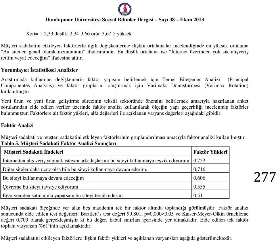 Yorumlayıcı İstatistiksel Analizler Araştırmada kullanılan değişkenlerin faktör yapısını belirlemek için Temel Bileşenler Analizi (Principal Componentes Analysis) ve faktör gruplarını oluşturmak için