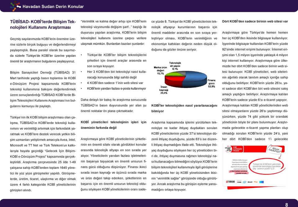 Türkiye de KOBİ yöneticilerinin teknolojik altyapıyı kurumlarının başarısı için önemli maddeler arasında en son sıraya yer- Dört KOBİ den sadece birinin web sitesi var Araştırmaya göre Türkiye de