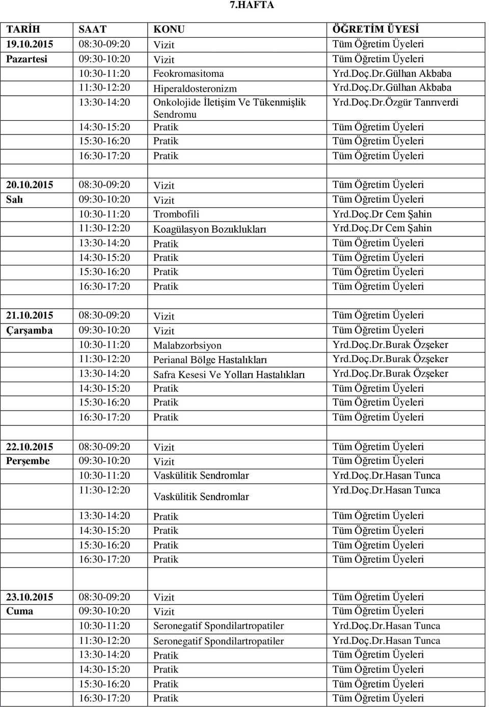 2015 08:30-09:20 Vizit Tüm Öğretim Üyeleri Salı 09:30-10:20 Vizit Tüm Öğretim Üyeleri 10:30-11:20 Trombofili Yrd.Doç.Dr Cem Şahin 11:30-12:20 Koagülasyon Bozuklukları Yrd.Doç.Dr Cem Şahin 13:30-14:20 Pratik Tüm Öğretim Üyeleri 21.