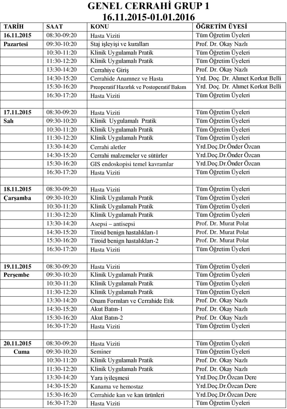 11.2015 08:30-09:20 Hasta Viziti Tüm Öğretim Üyeleri Salı 09:30-10:20 Klinik Uygulamalı Pratik Tüm Öğretim Üyeleri 13:30-14:20 Cerrahi aletler Yrd.Doç.Dr.