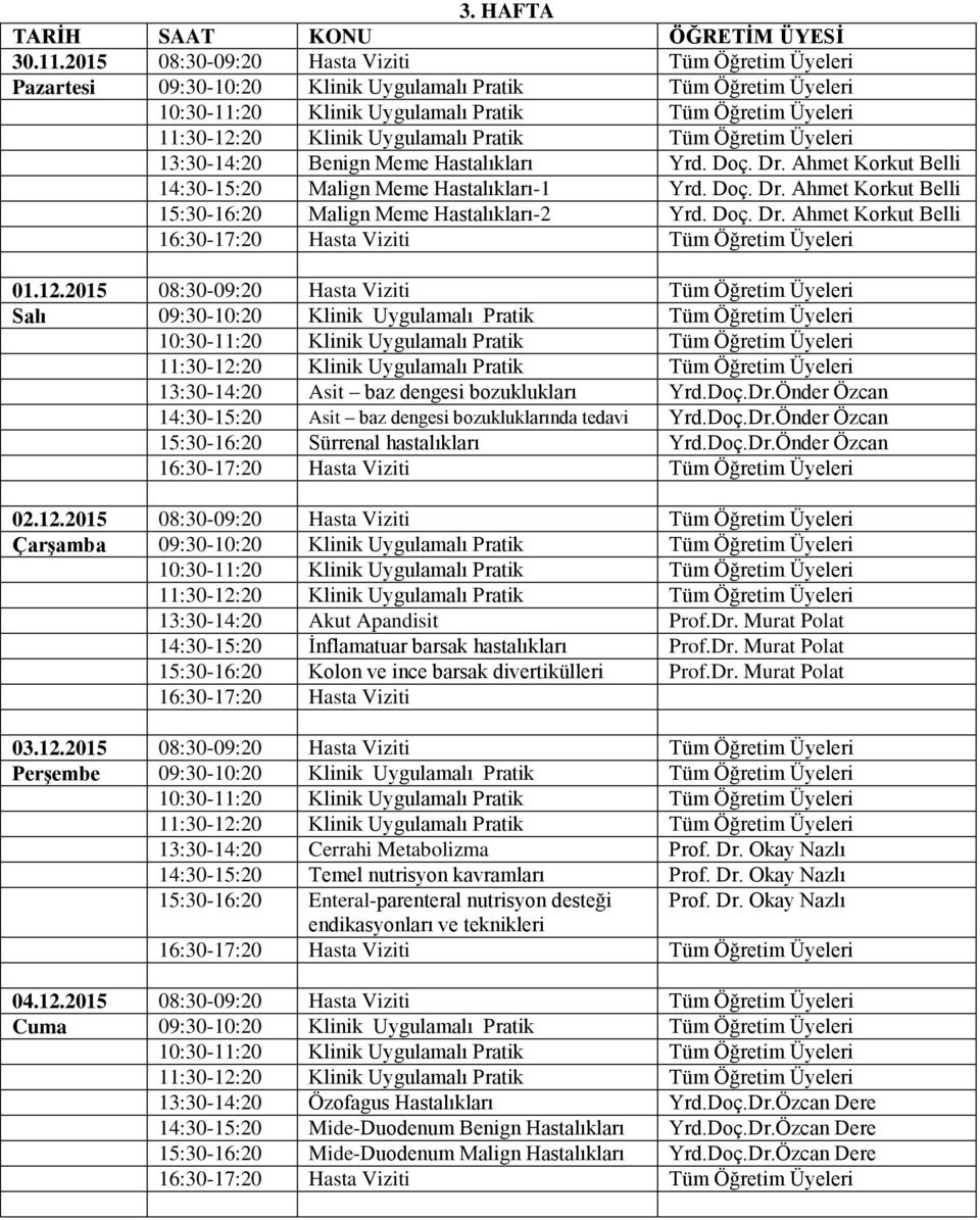 2015 08:30-09:20 Hasta Viziti Tüm Öğretim Üyeleri Salı 09:30-10:20 Klinik Uygulamalı Pratik Tüm Öğretim Üyeleri 13:30-14:20 Asit baz dengesi bozuklukları Yrd.Doç.Dr.