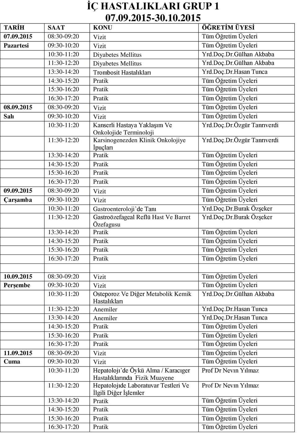 2015 08:30-09:20 Vizit Tüm Öğretim Üyeleri Salı 09:30-10:20 Vizit Tüm Öğretim Üyeleri 10:30-11:20 Kanserli Hastaya Yaklaşım Ve Yrd.Doç.Dr.