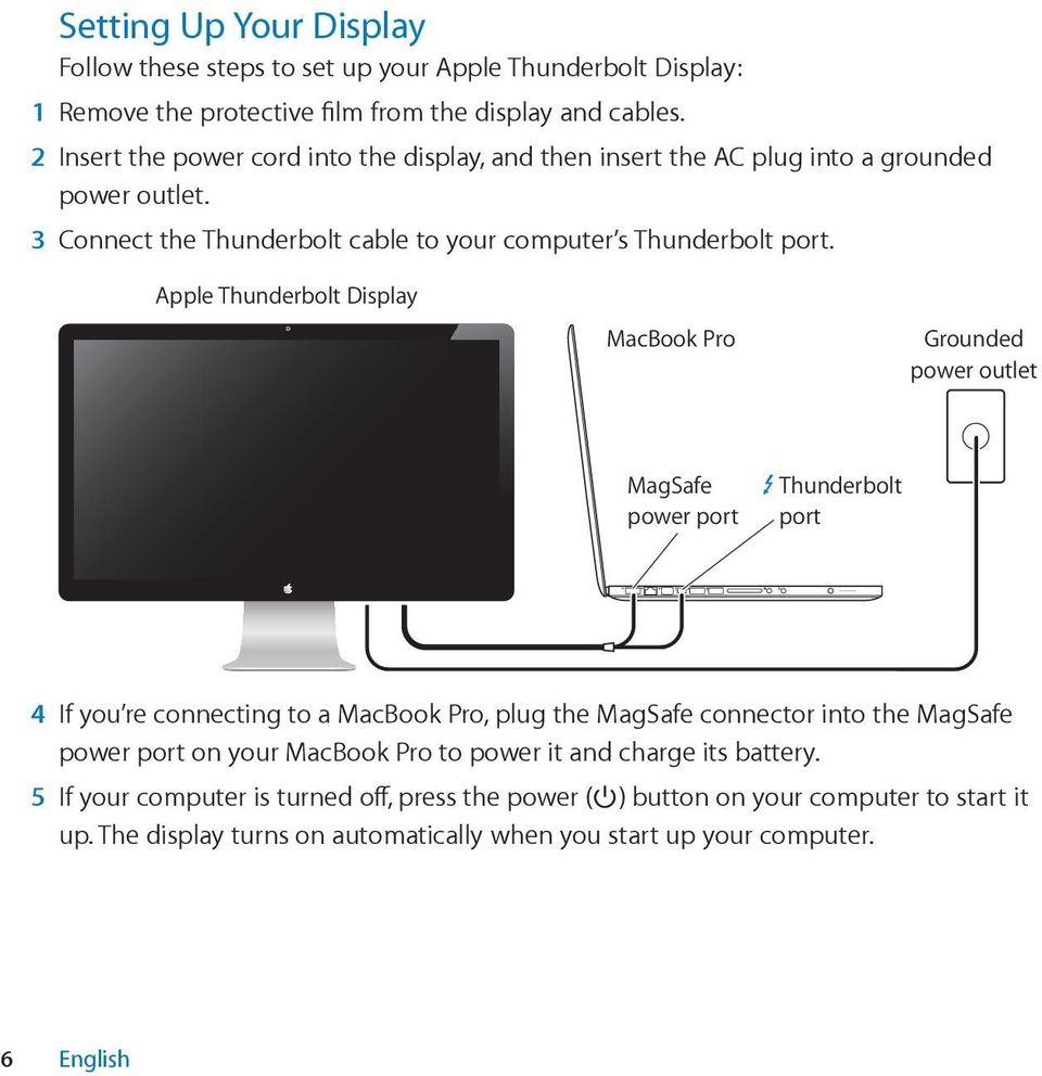 Apple Thunderbolt Display MacBook Pro Grounded power outlet MagSafe power port Thunderbolt port 4 If you re connecting to a MacBook Pro, plug the MagSafe connector into the MagSafe