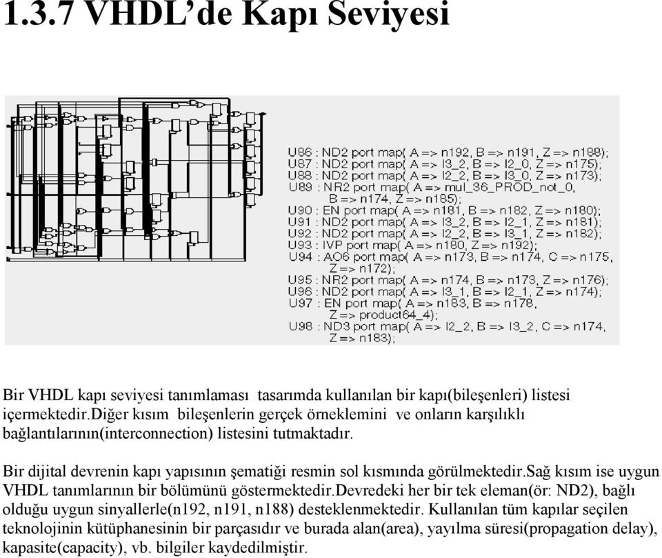 Bir dijital devrenin kapı yapısının şematiği resmin sol kısmında görülmektedir.sağ kısım ise uygun VHDL tanımlarının bir bölümünü göstermektedir.