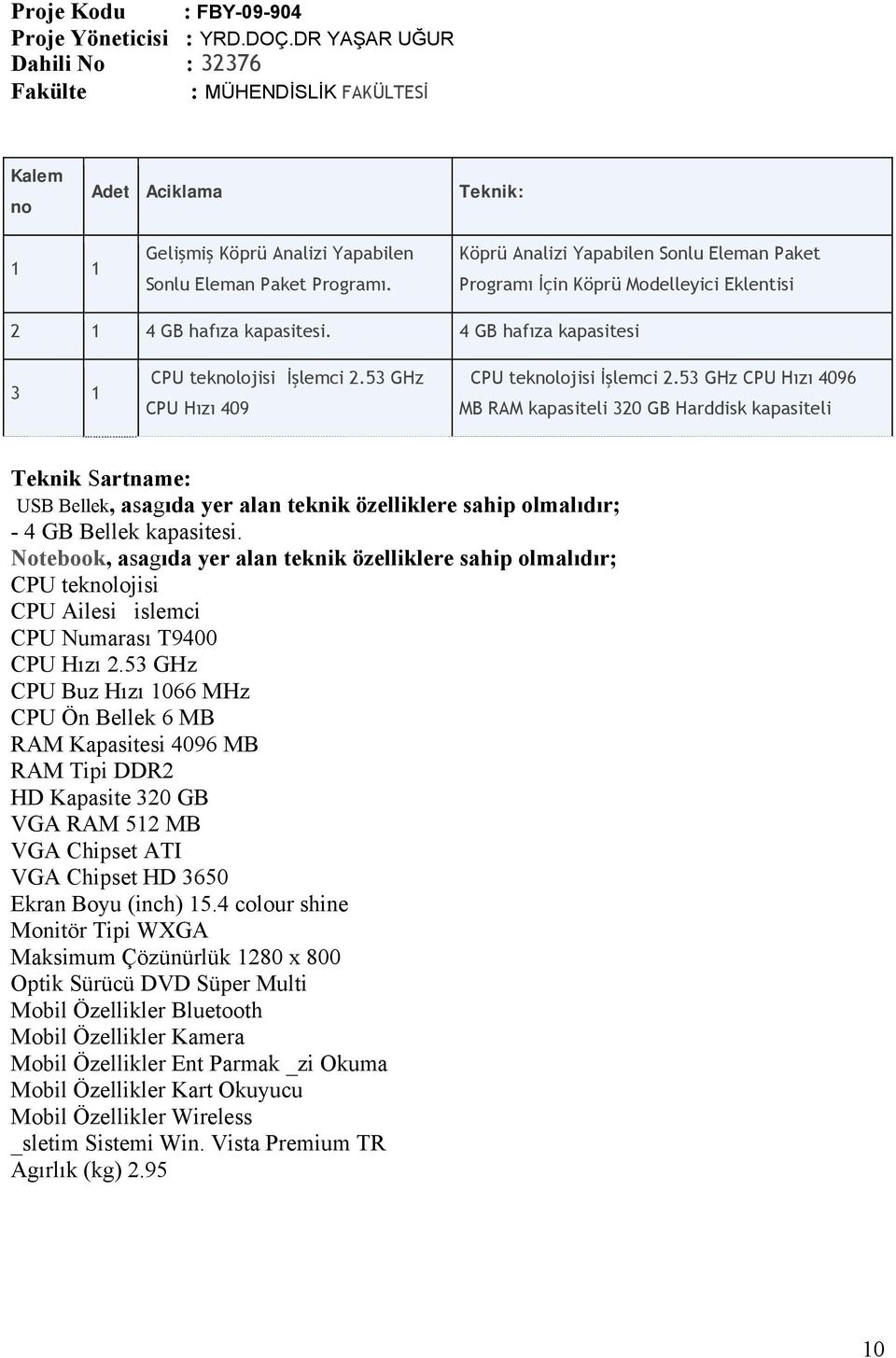 Köprü Analizi Yapabilen Sonlu Eleman Paket Programı İçin Köprü Modelleyici Eklentisi 2 1 4 GB hafıza kapasitesi. 4 GB hafıza kapasitesi 3 1 CPU teknolojisi İşlemci 2.