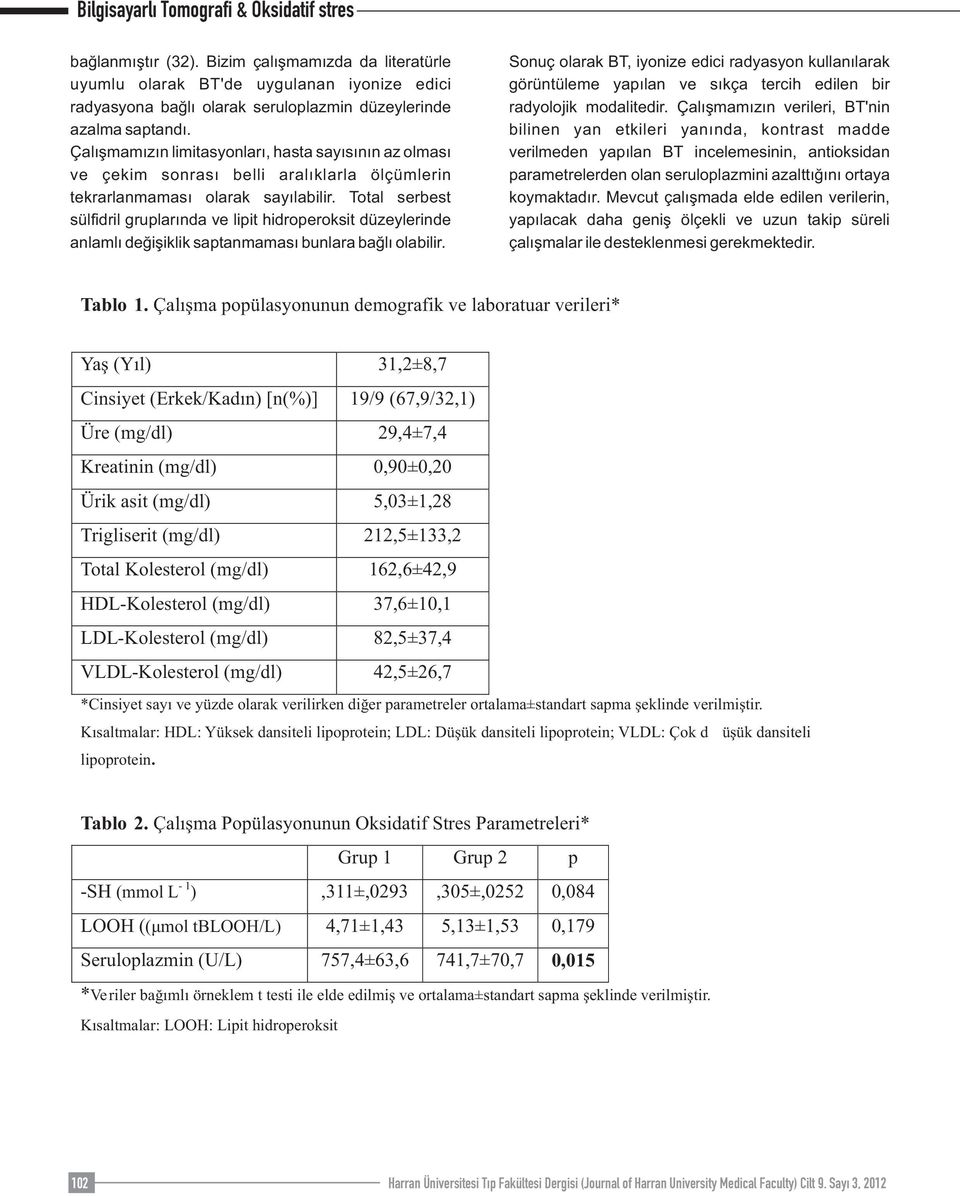 Total serbest sülfidril gruplarında ve lipit hidroperoksit düzeylerinde anlamlı değişiklik saptanmaması bunlara bağlı olabilir.