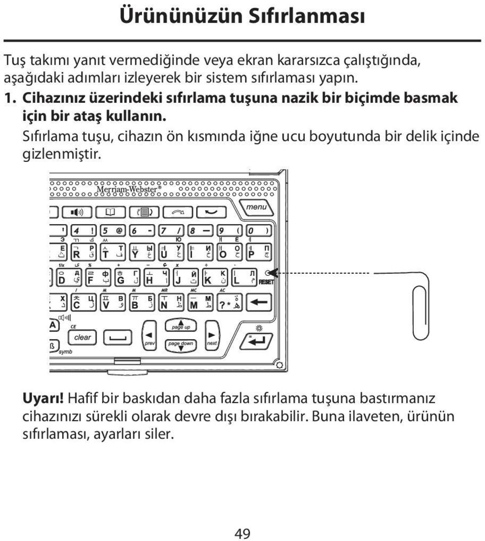 Sıfırlama tuşu, cihazın ön kısmında iğne ucu boyutunda bir delik içinde gizlenmiştir. Uyarı!