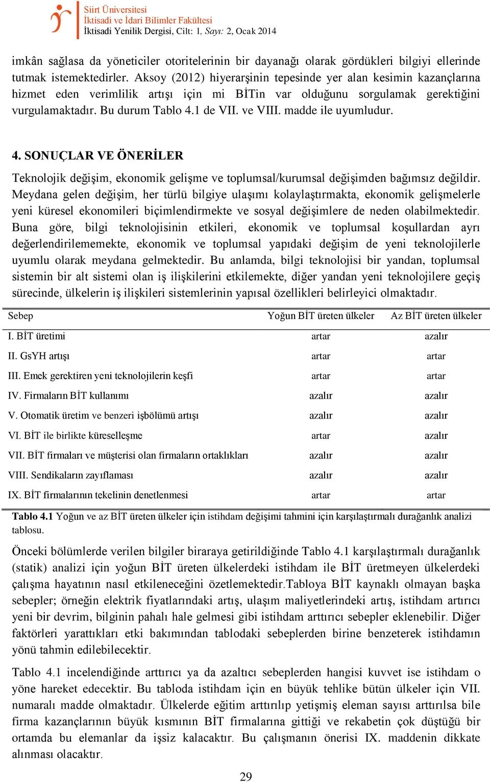 Bu durum Tablo 4.1 de VII. ve VIII. madde ile uyumludur. 4. SONUÇLAR VE ÖNERİLER Teknolojik değişim, ekonomik gelişme ve toplumsal/kurumsal değişimden bağımsız değildir.