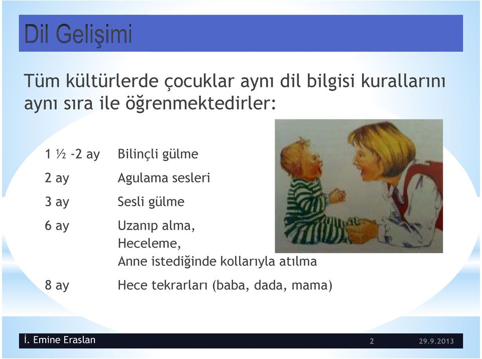 Sesli gülme 6 ay Uzanıp alma, Heceleme, Anne istediğinde kollarıyla