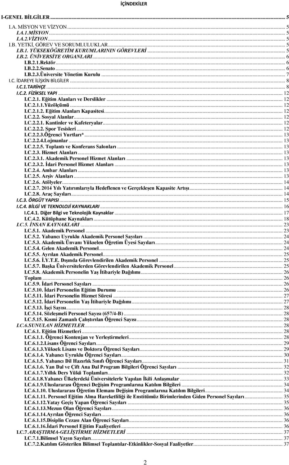 .. 12 I.C.2.1.1.Yüzölçümü... 12 I.C.2.1.2. Eğitim Alanları Kapasitesi... 12 I.C.2.2. Sosyal Alanlar... 12 I.C.2.2.1. Kantinler ve Kafeteryalar... 12 I.C.2.2.2. Spor Tesisleri... 12 I.C.2.2.3.