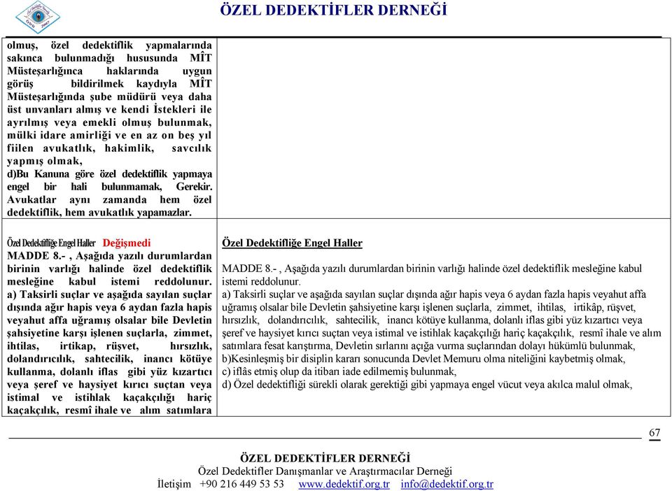 bir hali bulunmamak, Gerekir. Avukatlar aynı zamanda hem özel dedektiflik, hem avukatlık yapamazlar. Özel Dedektifliğe Engel Haller Değişmedi MADDE 8.