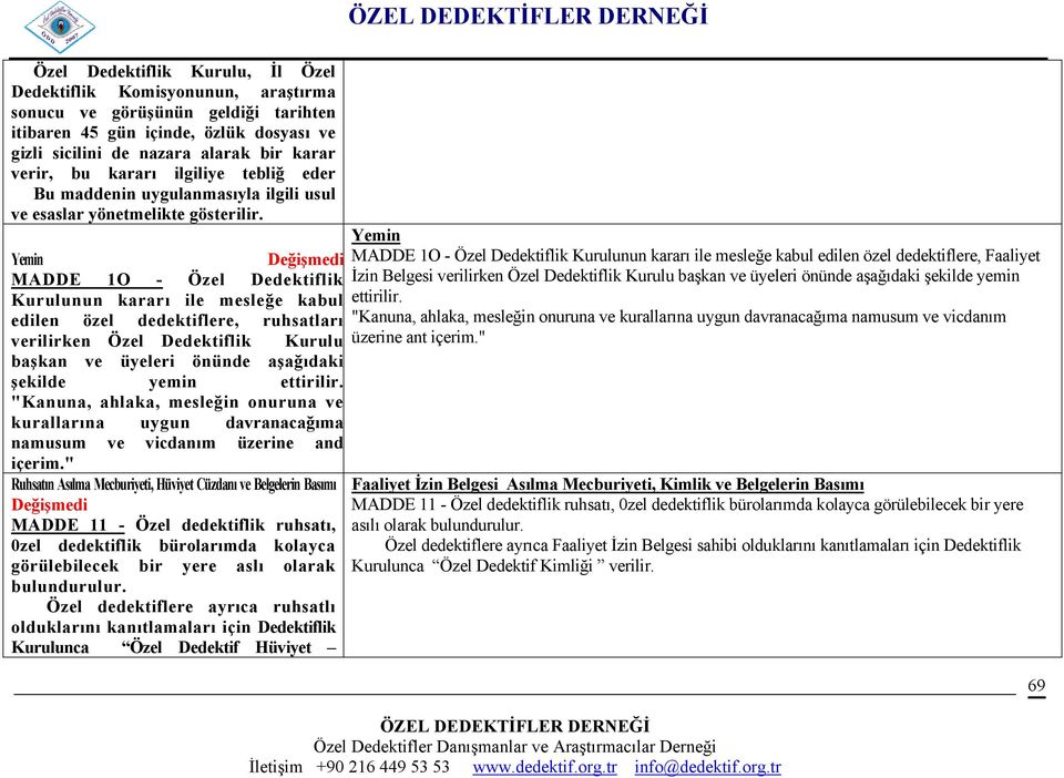 Yemin Değişmedi MADDE 1O - Özel Dedektiflik Kurulunun kararı ile mesleğe kabul edilen özel dedektiflere, ruhsatları verilirken Özel Dedektiflik Kurulu başkan ve üyeleri önünde aşağıdaki şekilde yemin