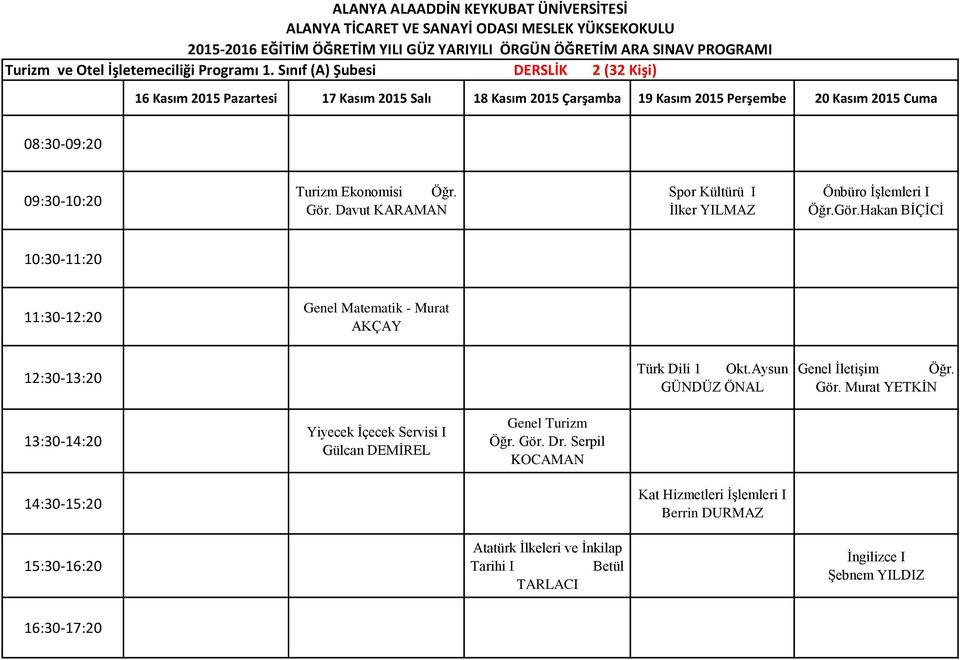 Sınıf (A) Şubesi DERSLİK 2 (32 Kişi) 16 Kasım 2015 Pazartesi 17 Kasım 2015 Salı 18 Kasım 2015 Çarşamba 19 Kasım 2015 Perşembe 20 Kasım 2015 Cuma Turizm Ekonomisi Öğr. Gör.