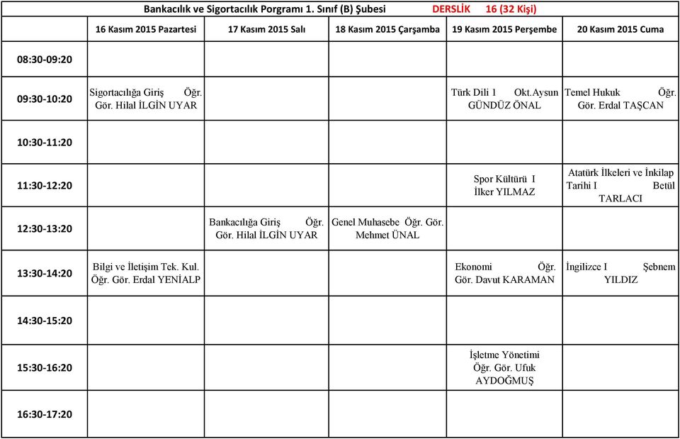 Sigortacılığa GiriĢ Öğr. Gör. Hilal ĠLGĠN UYAR Türk Dili 1 Okt.Aysun GÜNDÜZ ÖNAL Temel Hukuk Öğr. Gör. Erdal TAġCAN Spor Kültürü I Ġlker YILMAZ Atatürk Ġlkeleri ve Ġnkilap Tarihi I Betül TARLACI Bankacılığa GiriĢ Öğr.