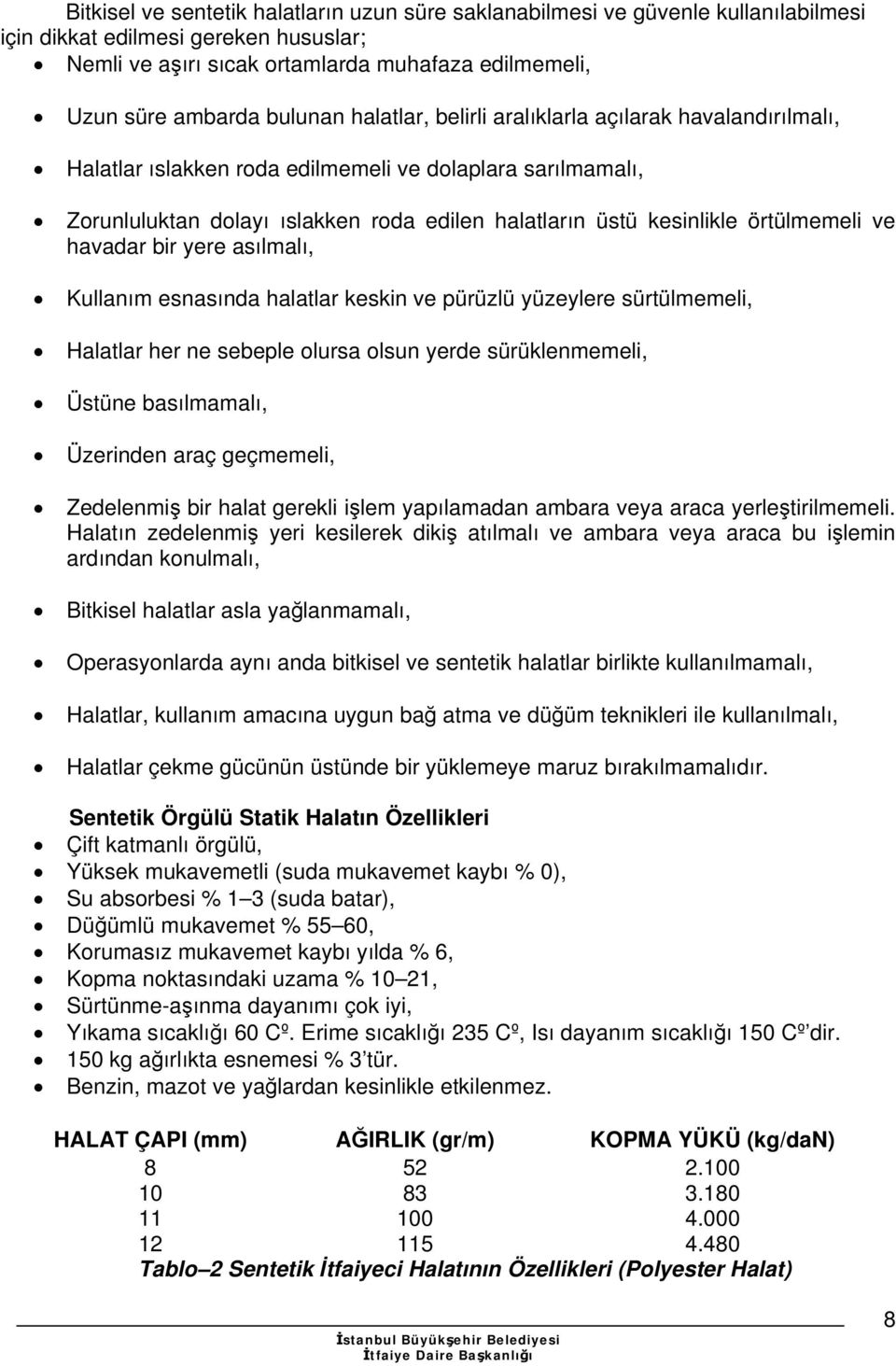 örtülmemeli ve havadar bir yere asılmalı, Kullanım esnasında halatlar keskin ve pürüzlü yüzeylere sürtülmemeli, Halatlar her ne sebeple olursa olsun yerde sürüklenmemeli, Üstüne basılmamalı,