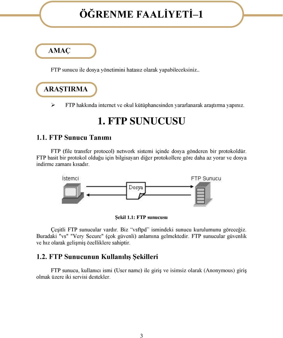 FTP basit bir protokol olduğu için bilgisayarı diğer protokollere göre daha az yorar ve dosya indirme zamanı kısadır. ġekil 1.1: FTP sunucusu ÇeĢitli FTP sunucular vardır.