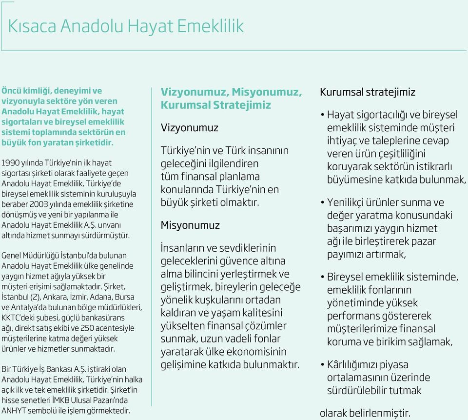 1990 yılında Türkiye nin ilk hayat sigortası şirketi olarak faaliyete geçen Anadolu Hayat Emeklilik, Türkiye de bireysel emeklilik sisteminin kuruluşuyla beraber 2003 yılında emeklilik şirketine