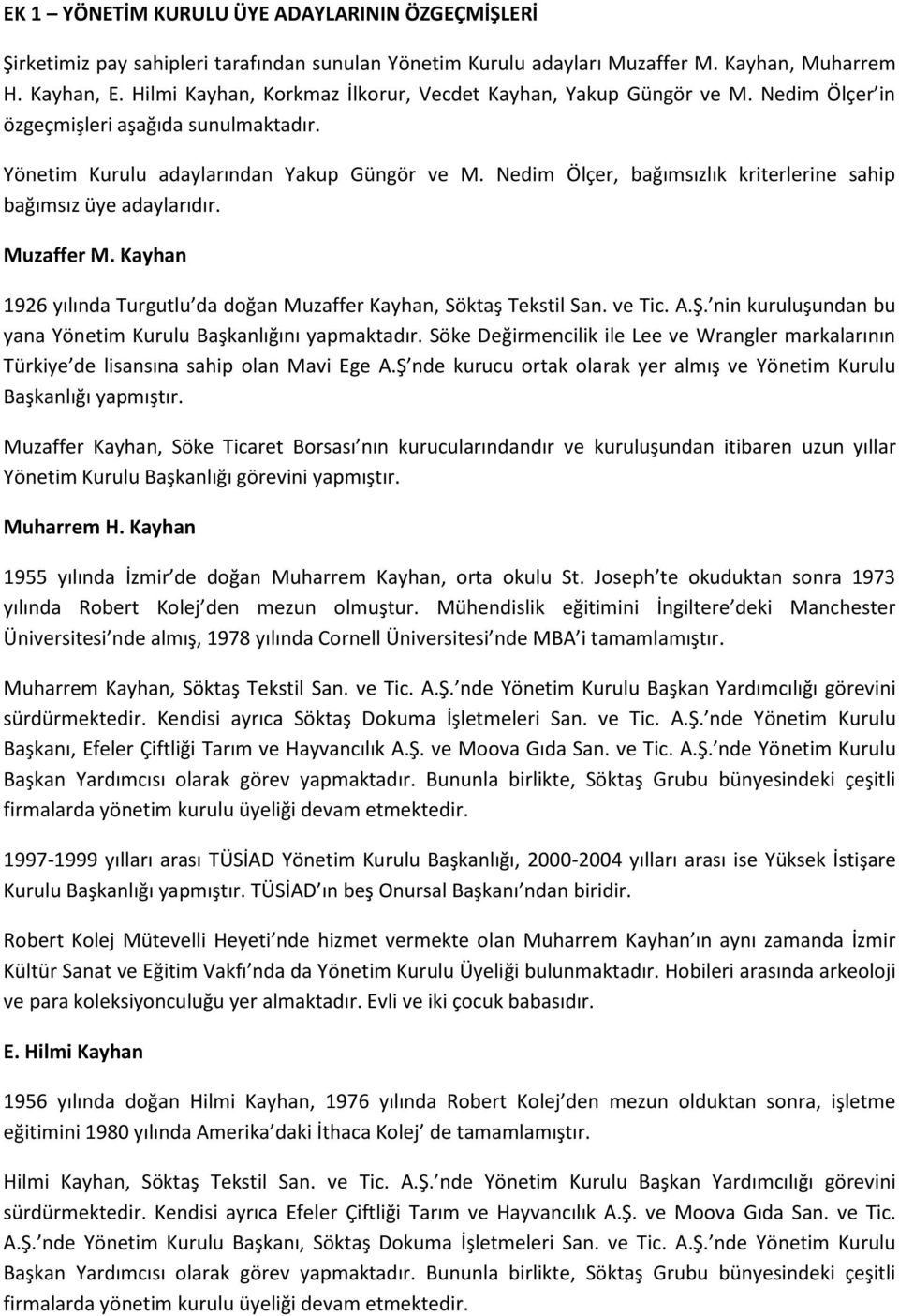 Nedim Ölçer, bağımsızlık kriterlerine sahip bağımsız üye adaylarıdır. Muzaffer M. Kayhan 1926 yılında Turgutlu da doğan Muzaffer Kayhan, Söktaş Tekstil San. ve Tic. A.Ş.