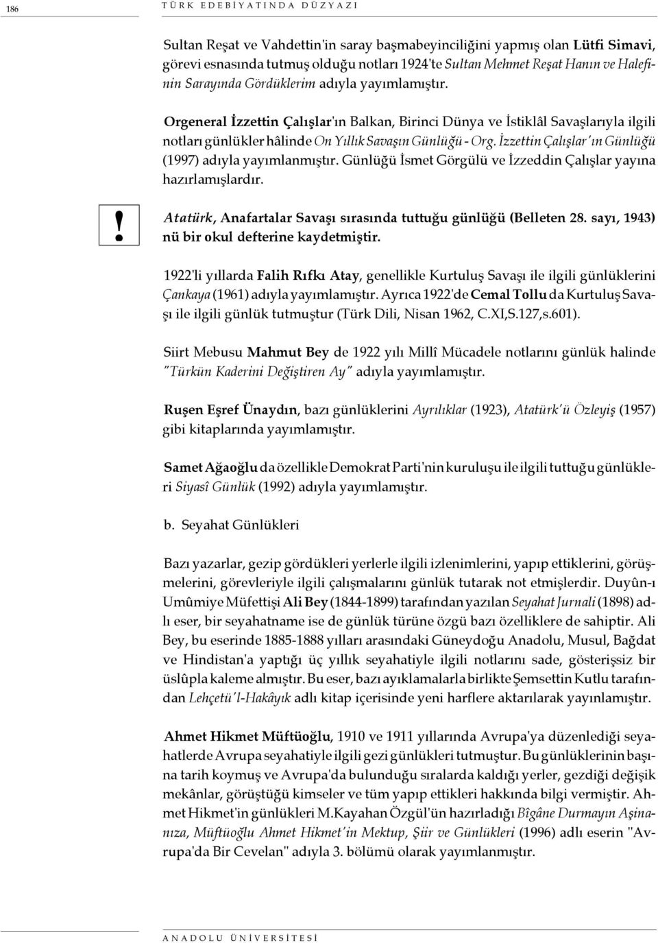 İzzettin Çalışlar'ın Günlüğü (1997) adıyla yayımlanmıştır. Günlüğü İsmet Görgülü ve İzzeddin Çalışlar yayına hazırlamışlardır. Atatürk, Anafartalar Savaşı sırasında tuttuğu günlüğü (Belleten 28.