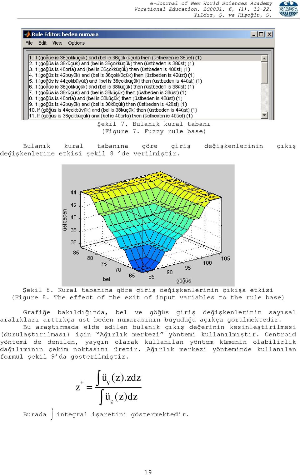 The effect of the exit of input variables to the rule base) Grafiğe bakıldığında, bel ve göğüs giriģ değiģkenlerinin sayısal aralıkları arttıkça üst beden numarasının büyüdüğü açıkça görülmektedir.