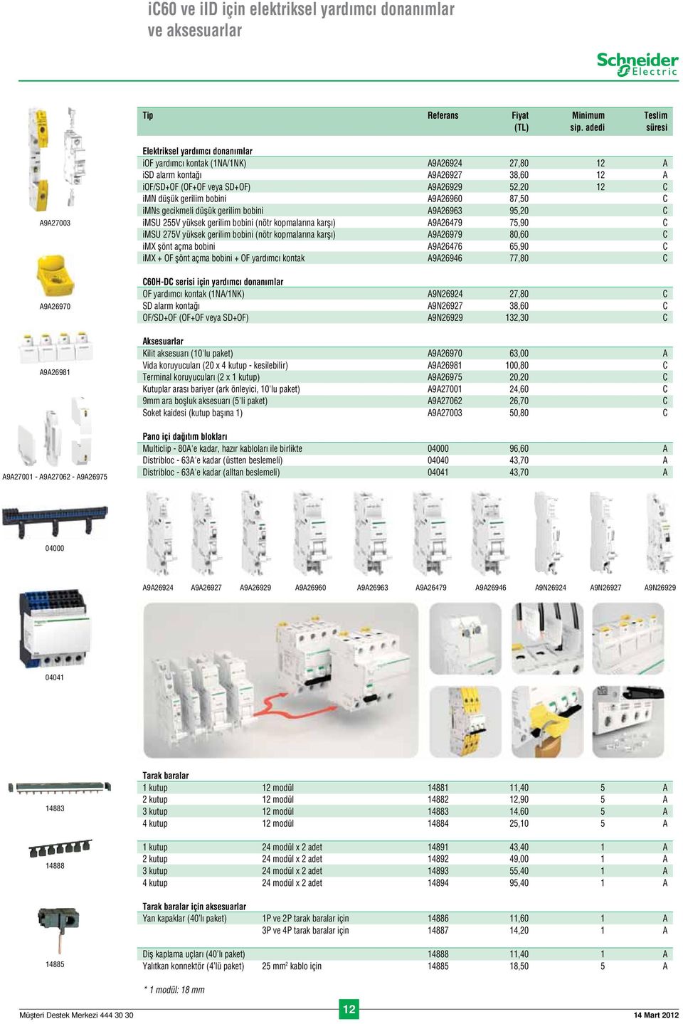 (OF+OF veya SD+OF) A9A26929 52,20 12 C imn düflük gerilim bobini A9A26960 87,50 C imns gecikmeli düflük gerilim bobini A9A26963 95,20 C imsu 255V yüksek gerilim bobini (nötr kopmalarına karflı)