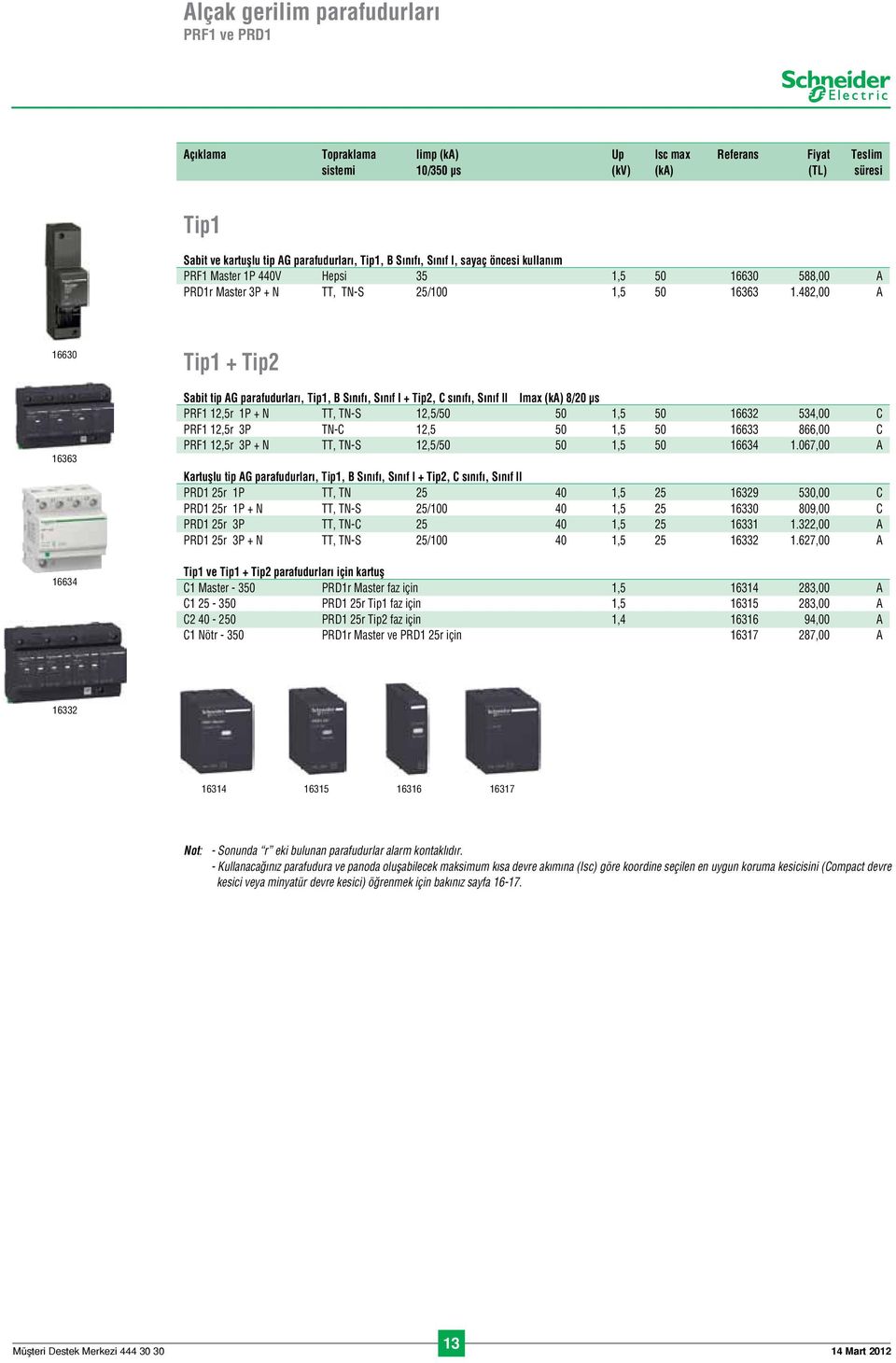 482,00 A 16630 16363 16634 Tip1 + Tip2 Sabit tip AG parafudurlar, Tip1, B S n f, S n f I + Tip2, C s n f, S n f II Imax (ka) 8/20 µs PRF1 12,5r 1P + N TT, TN-S 12,5/50 50 1,5 50 16632 534,00 C PRF1
