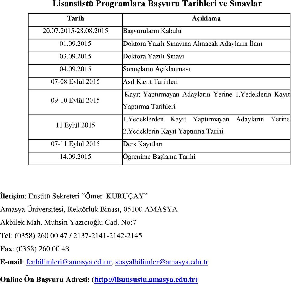 Yedeklerden Kayıt Yaptırmayan Adayların Yerine 2.Yedeklerin Kayıt Yaptırma Tarihi 07-11 Eylül 2015 Ders Kayıtları 14.09.