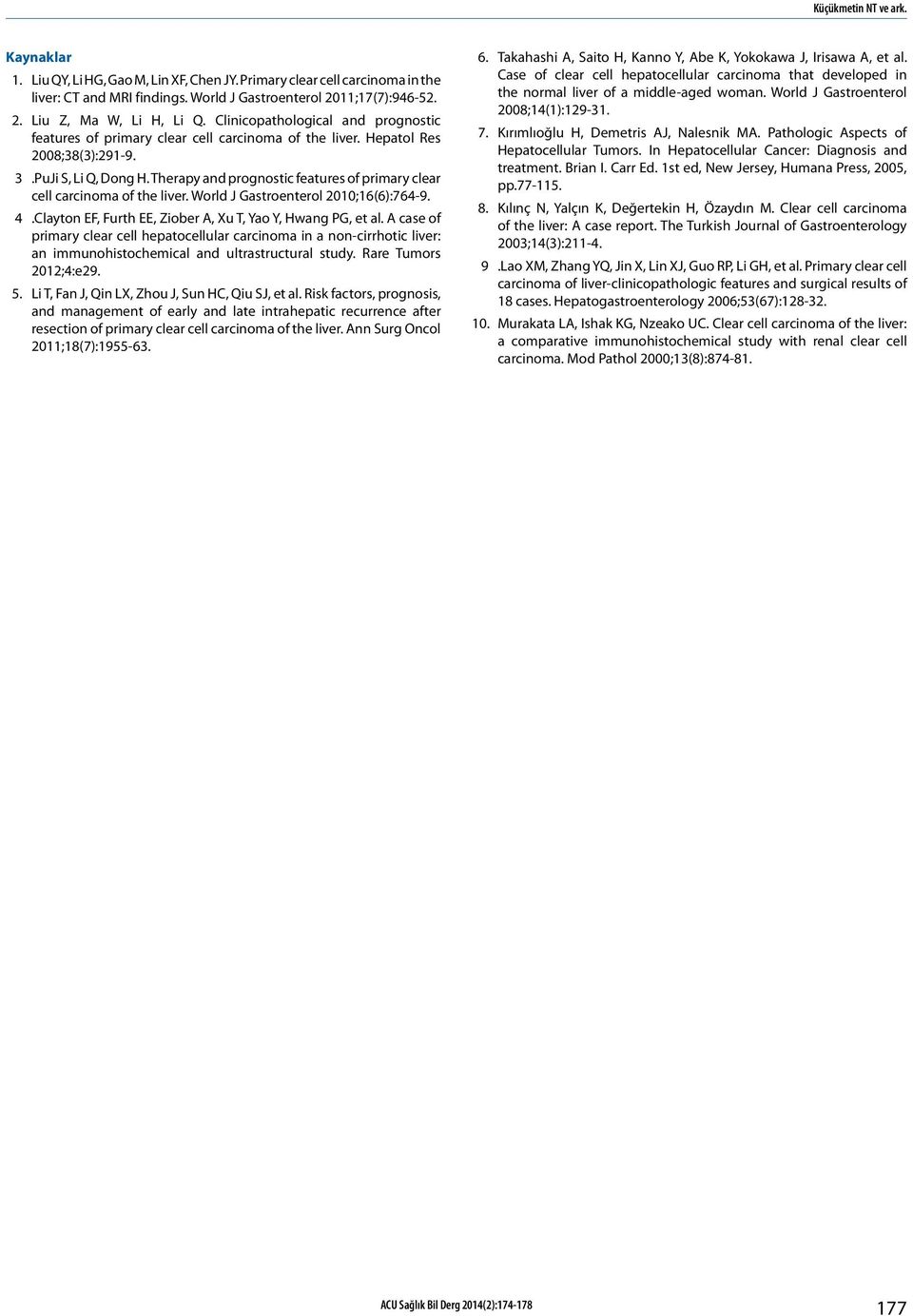 Therapy and prognostic features of primary clear cell carcinoma of the liver. World J Gastroenterol 2010;16(6):764-9. 4.Clayton EF, Furth EE, Ziober A, Xu T, Yao Y, Hwang PG, et al.