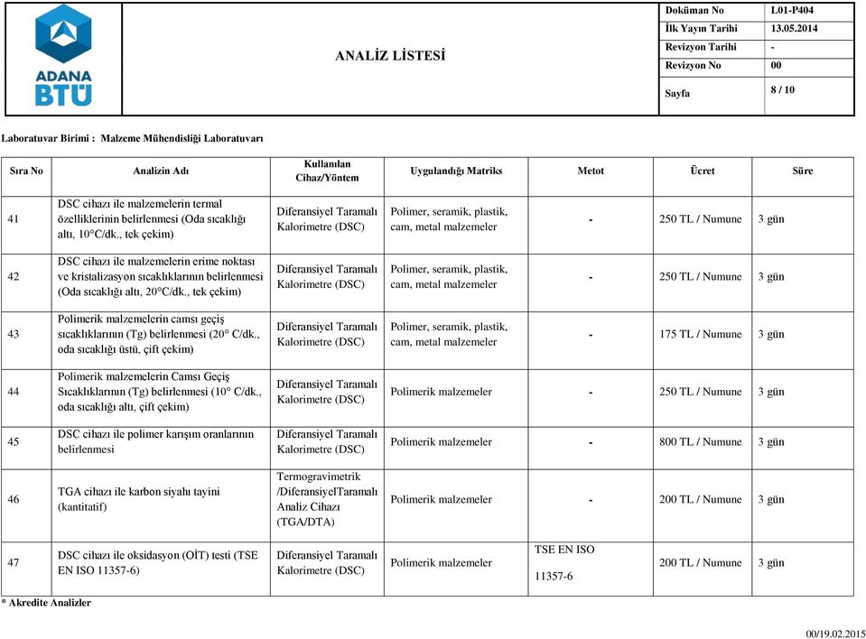 , tek çekim) - 250 TL / Numune 3 gün 43 Polimerik malzemelerin camsı geçiş sıcaklıklarının (Tg) belirlenmesi (20 C/dk.