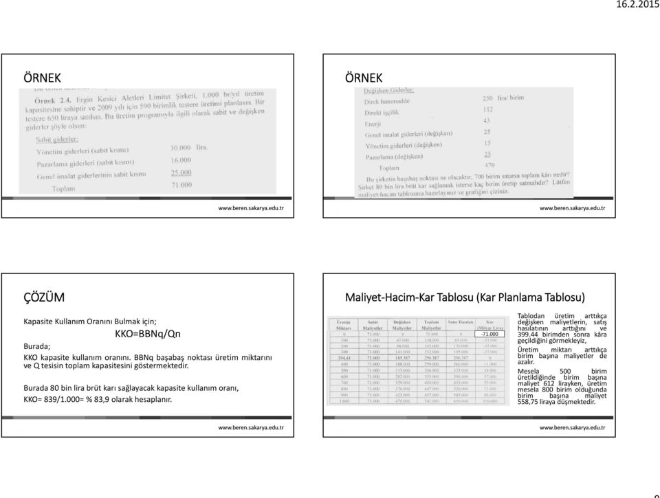 000= % 83,9 olarak hesaplanır. 71.000 Tablodan üretim arttıkça değişken maliyetlerin, satış hasılatının arttığını ve 399.