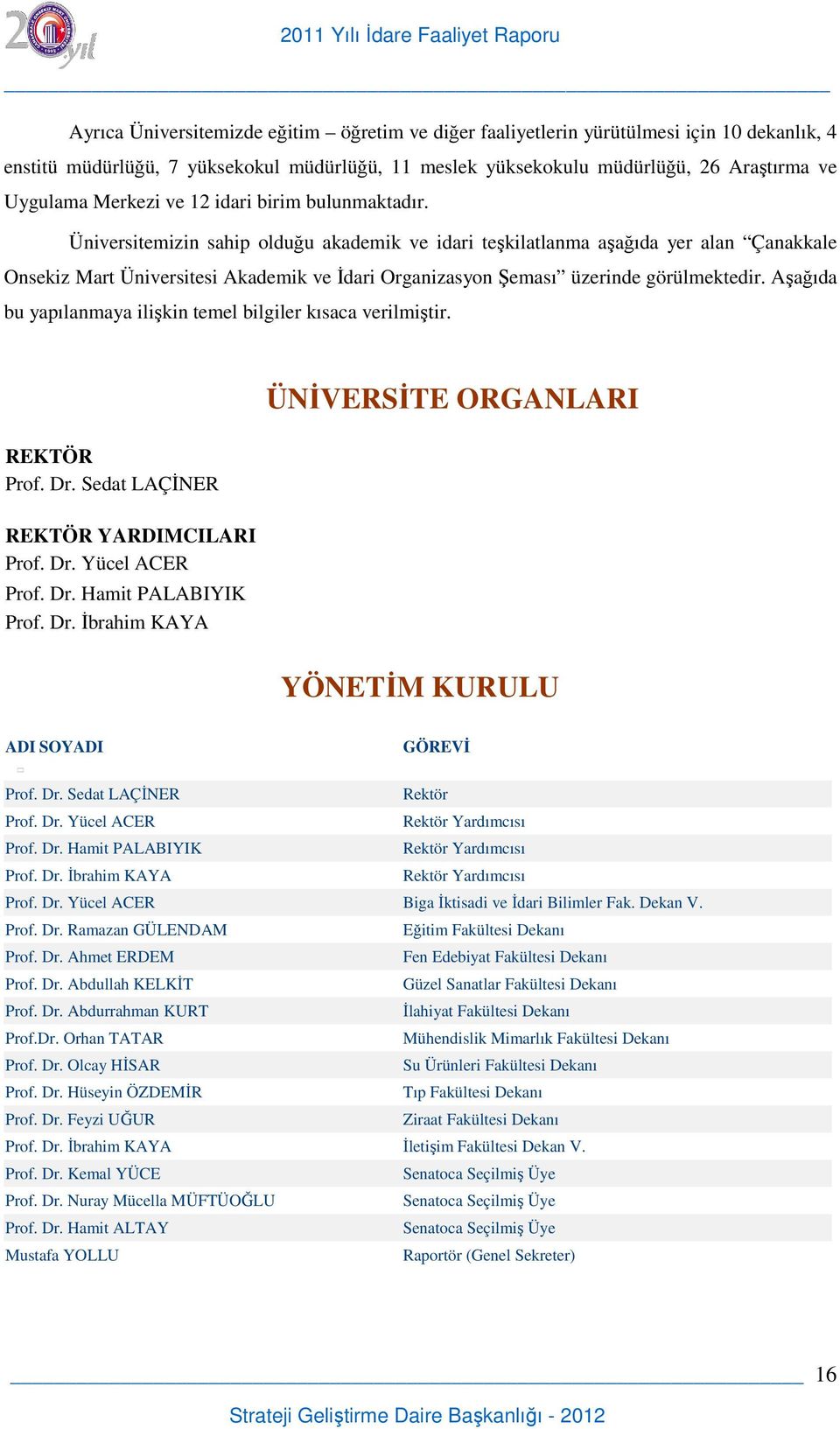 Üniversitemizin sahip olduğu akademik ve idari teşkilatlanma aşağıda yer alan Çanakkale Onsekiz Mart Üniversitesi Akademik ve İdari Organizasyon Şeması üzerinde görülmektedir.